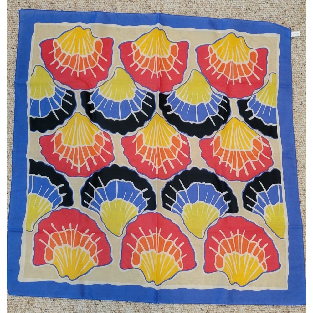 Vintage Taiwan  Multi Colored Sea SHELL Scarf  25X25" RED YELLOW‎ BLUE - Vibrant - Picture 2 of 11